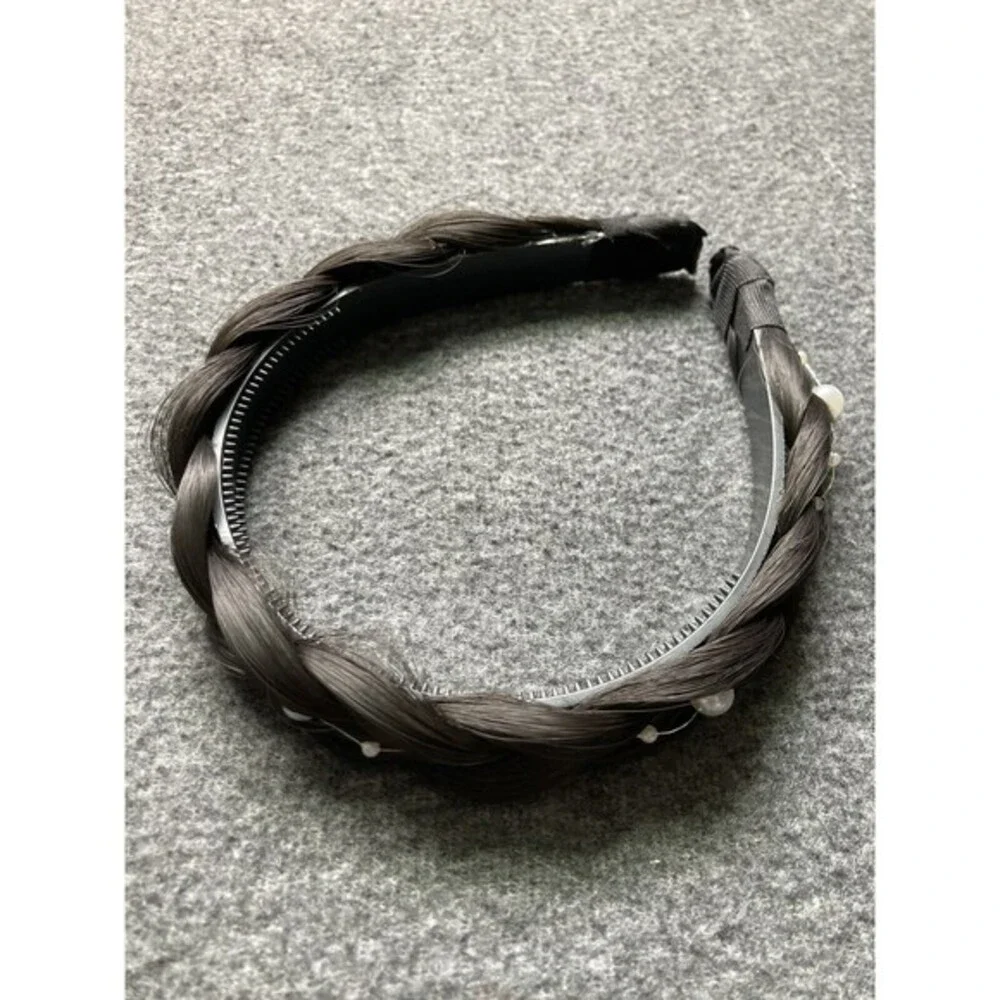 Braided Hair Headband with Pearls – Black Natural Look Costume Cosplay Accessory